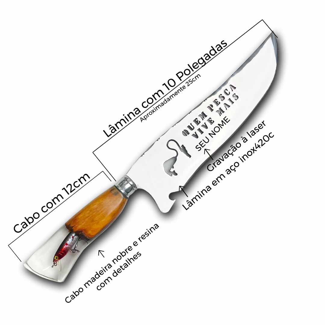 Faca Churrasco Artesanal 10 P" Quem Pesca Vive Mais